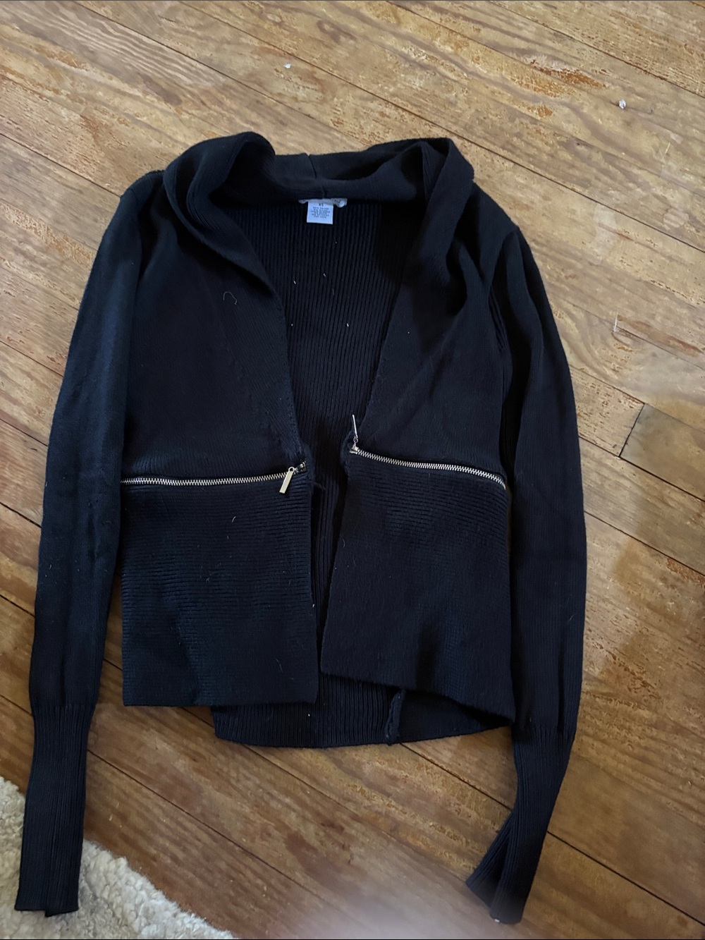 Carmen Marc Valvo Black Hooded Zip-Pocket Cardigan